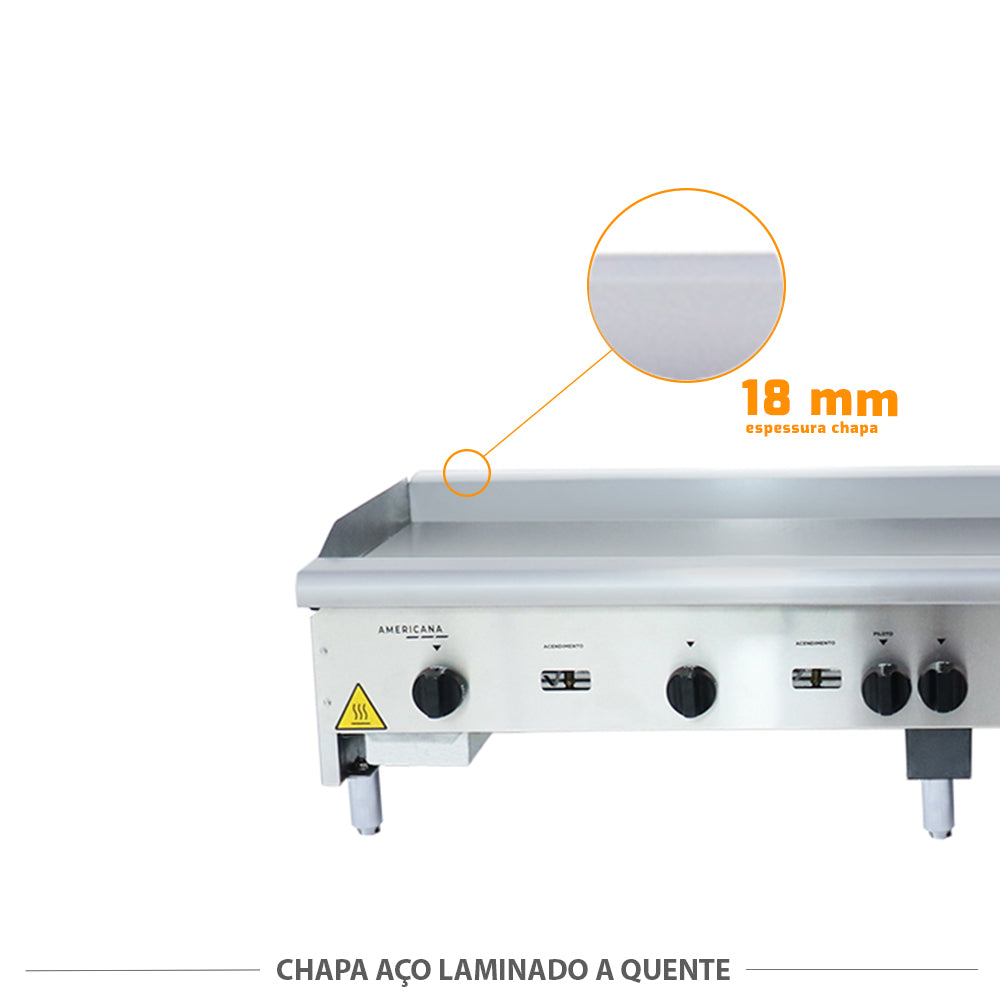 Detalhe da chapa de aço laminado a quente de 18mm da bifeteira Venâncio CG150, alta durabilidade e retenção de calor superior