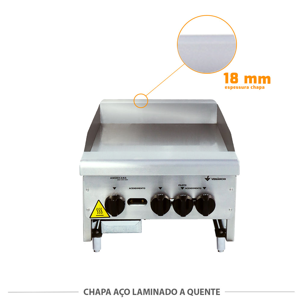 Detalhe da chapa de aço laminado a quente de 18mm da bifeteira Venâncio CG45, alta durabilidade e retenção de calor