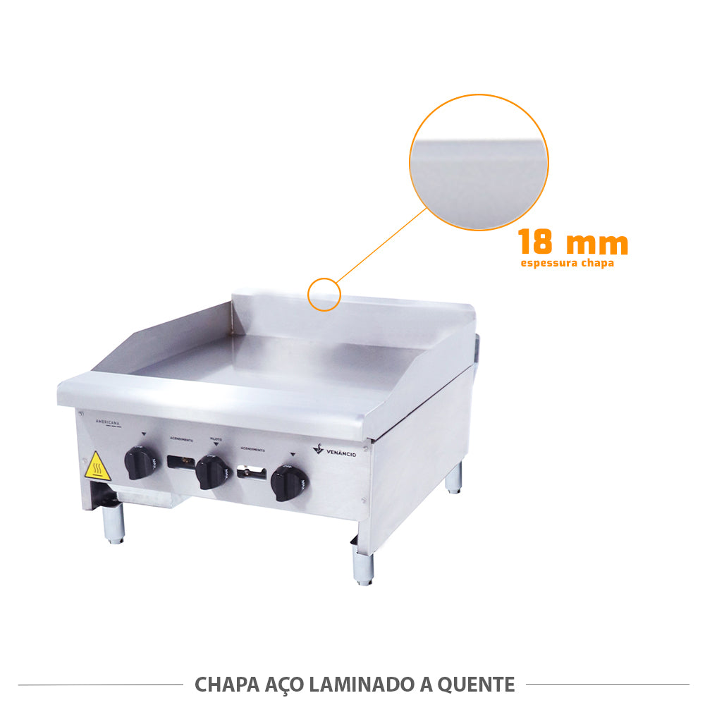 Detalhe da chapa de aço laminado a quente de 18mm da bifeteira Venâncio CG60, alta retenção de calor e durabilidade
