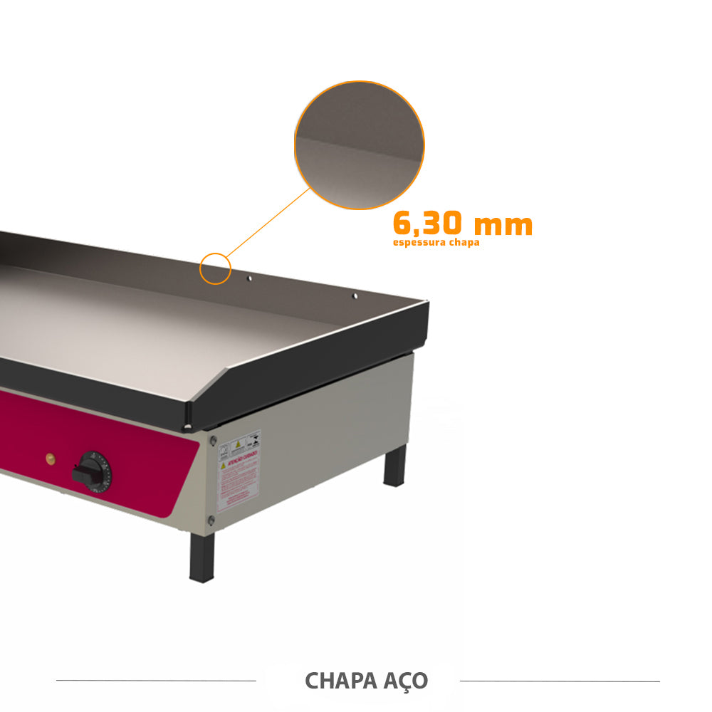 Detalhe da espessura da chapa de aço carbono de 6,30mm da Chapa Elétrica Progás PR800E 220V
