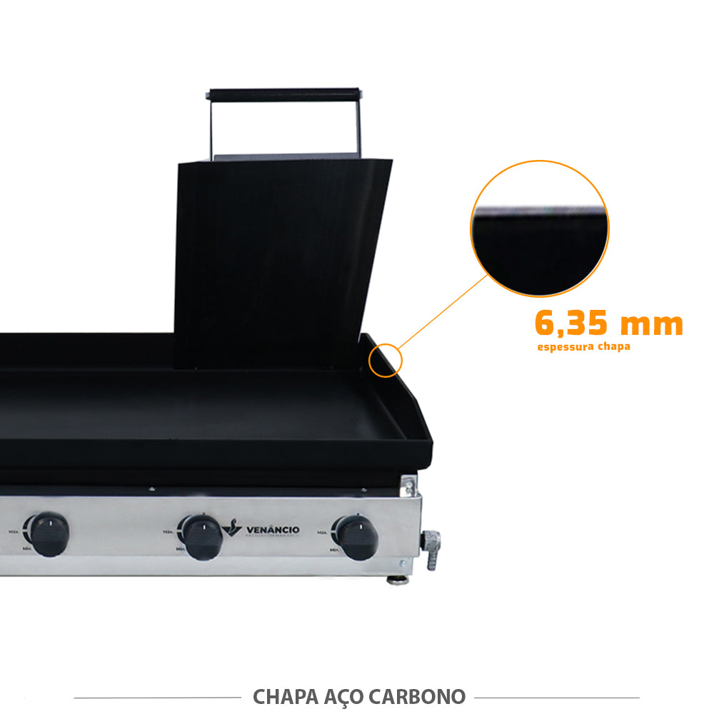 Chapa de aço carbono 6,35mm da bifeteira Venâncio C100P, garantindo alta durabilidade e performance para lanches