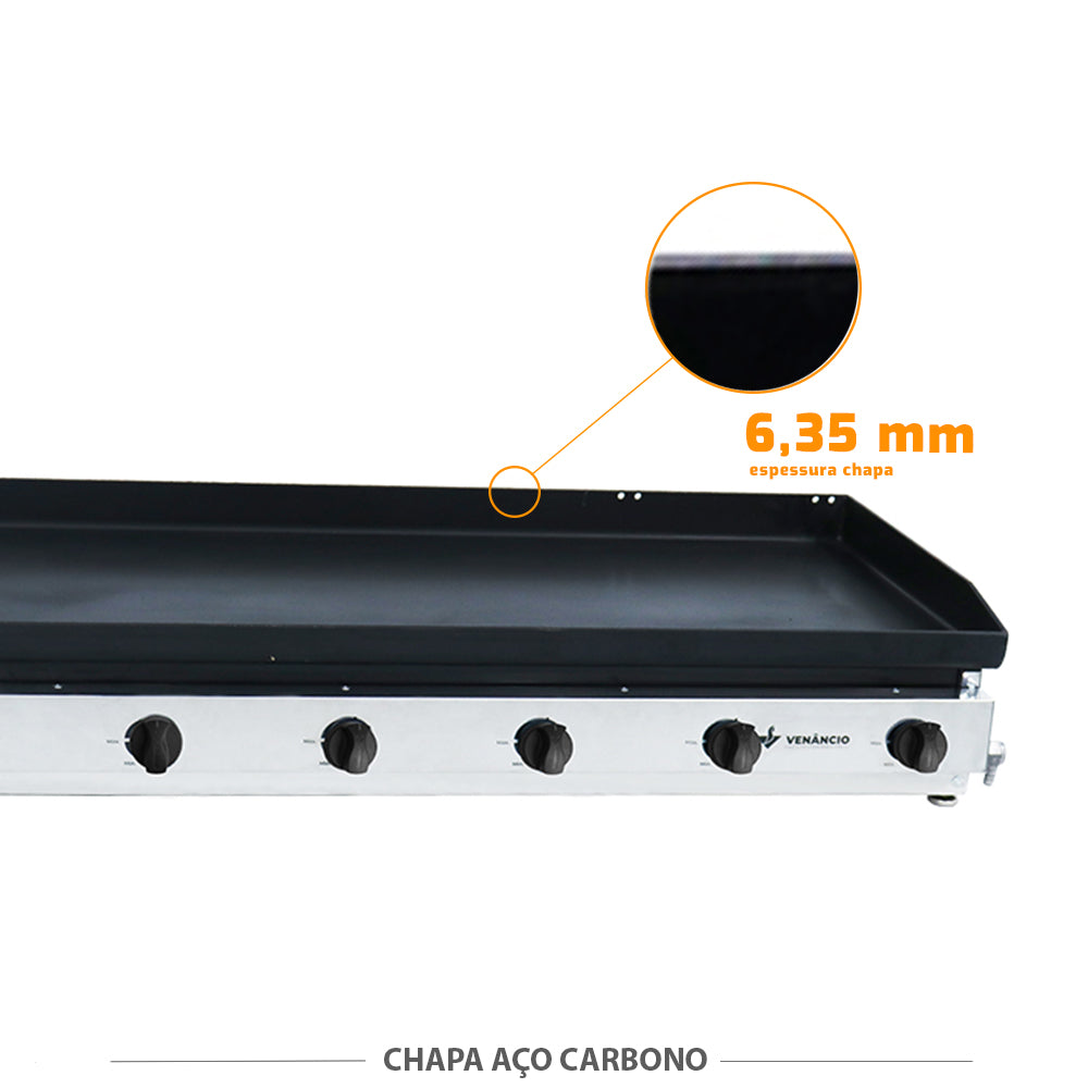 Chapa de aço carbono 6,35mm da bifeteira Venâncio C140, garantindo durabilidade para uso intenso e profissional