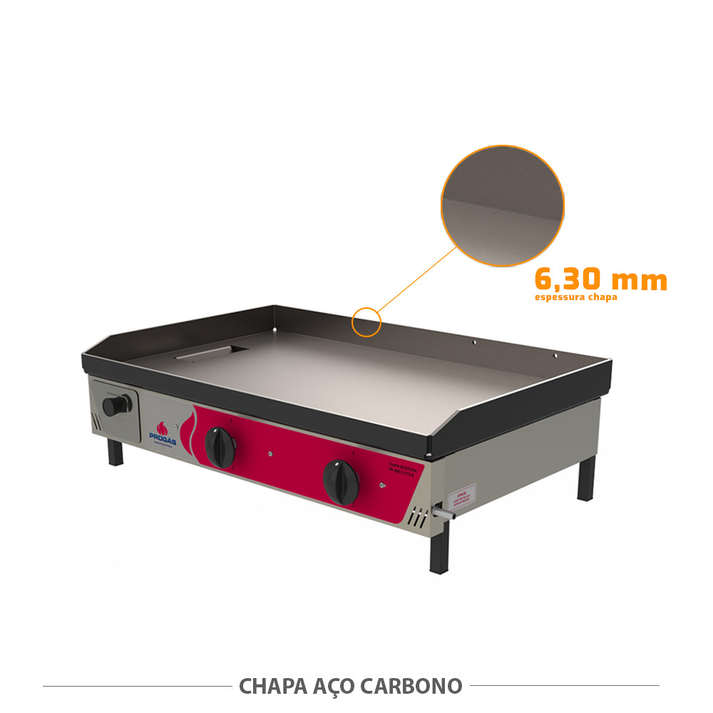 Detalhe da chapa de aço carbono de 6,30mm da Chapa Lanche a Gás Progás PR-800 G