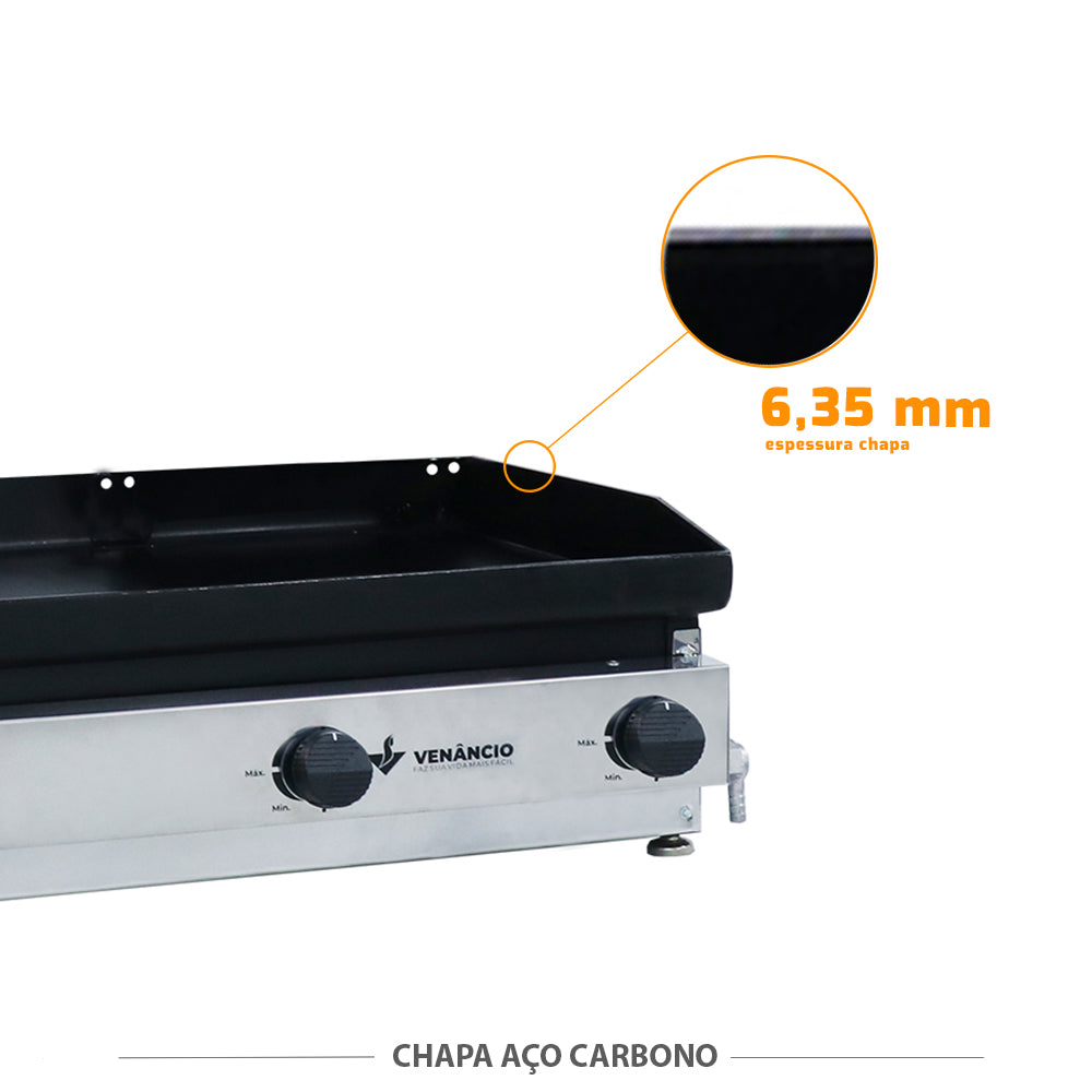 Chapa de aço carbono 6,35mm da sanduicheira Venâncio C80P, alta durabilidade para uso intenso em lanchonetes