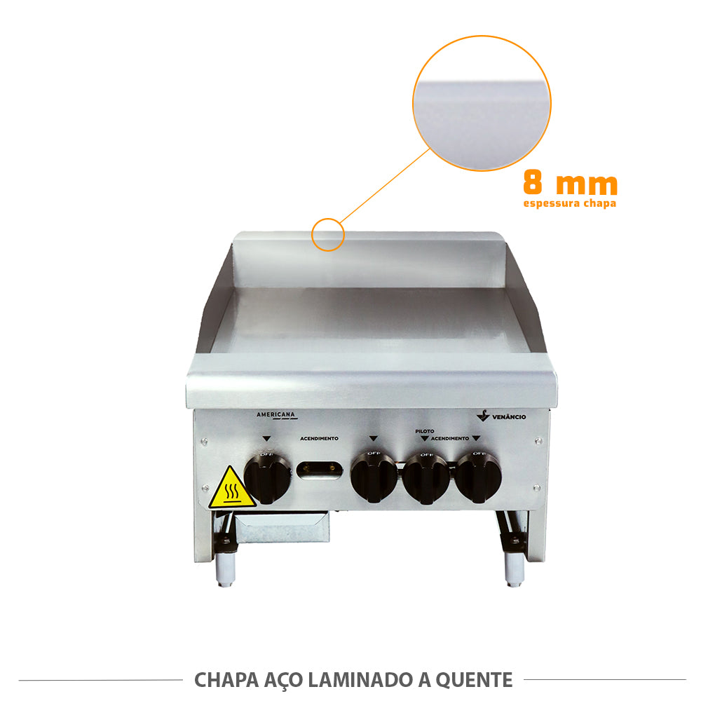 Detalhe da chapa de aço laminado a quente de 8mm da bifeteira Venâncio CG45, alta durabilidade e retenção de calor