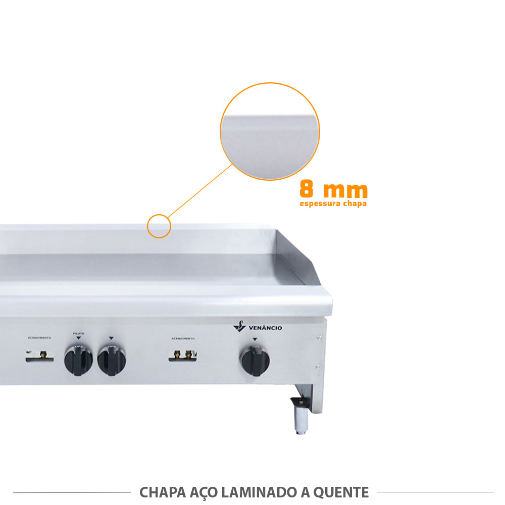 Detalhe da chapa de aço laminado a quente de 8mm da bifeteira Venâncio CG90, alta durabilidade e retenção de calor para uso profissional