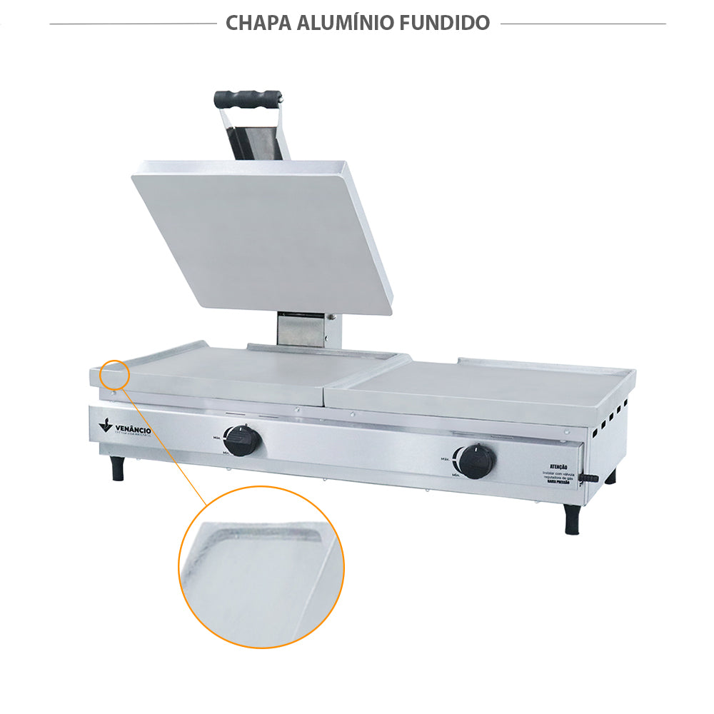 Detalhe da chapa de alumínio fundido da sanduicheira Venâncio SCG90A, ideal para aquecimento rápido e uniforme de lanches