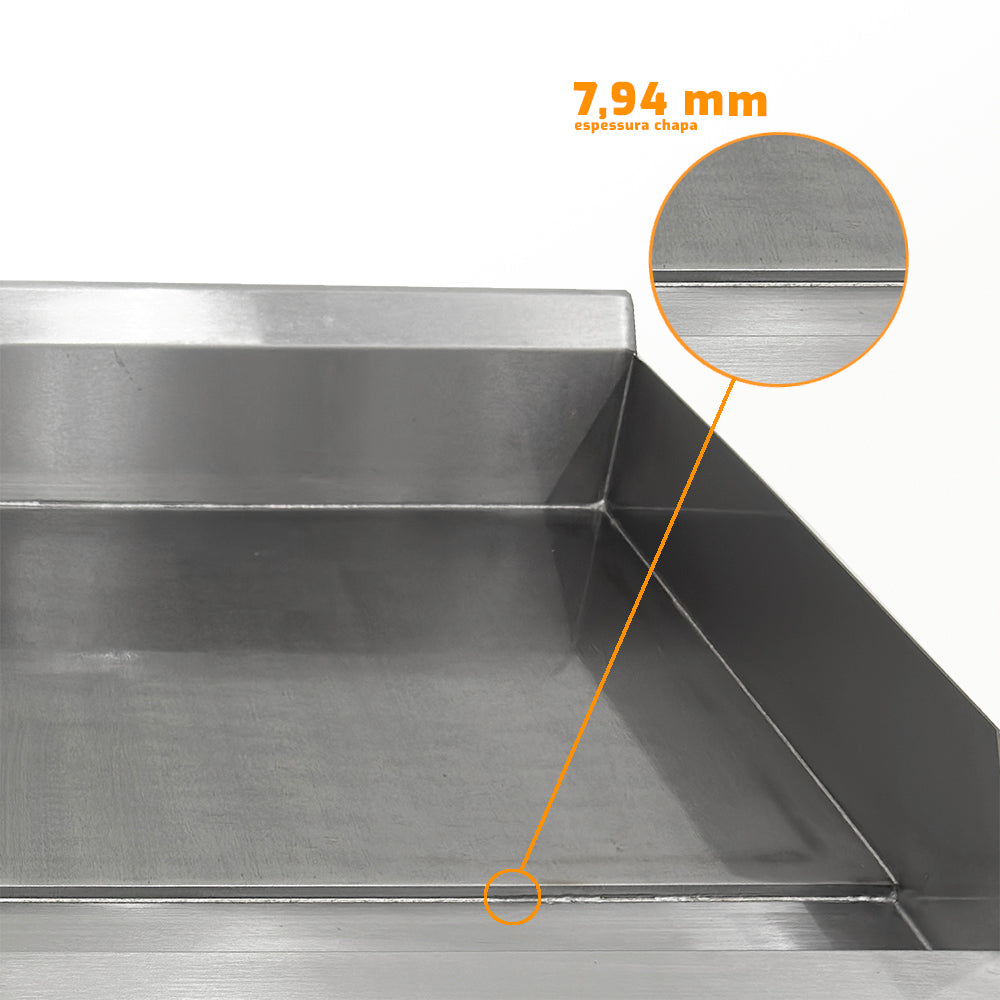  Espessura de 8mm da chapa de aço carbono da bifeteira industrial Venâncio PCM038G, garantindo aquecimento rápido e uniforme para uso profissional.