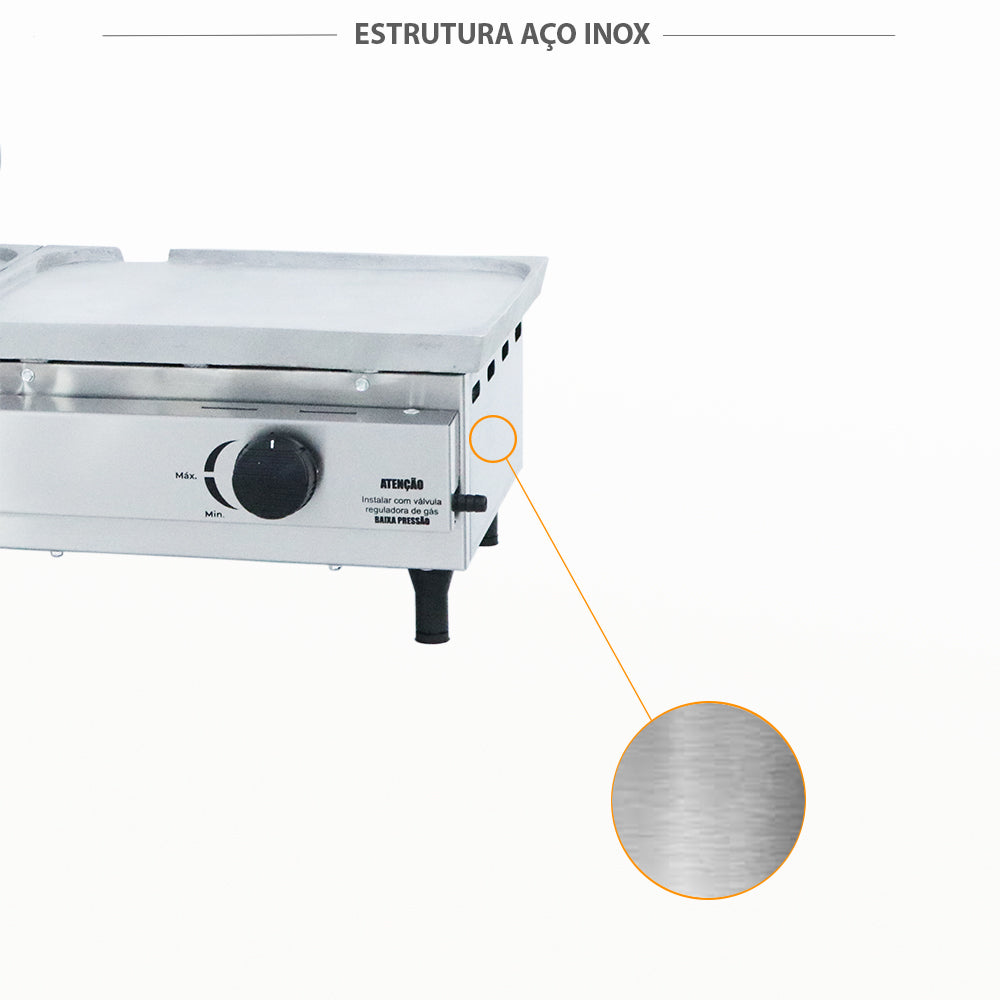 Estrutura em aço inox da sanduicheira conjugada Venâncio SCG70A a gás, durabilidade e fácil limpeza para uso comercial
