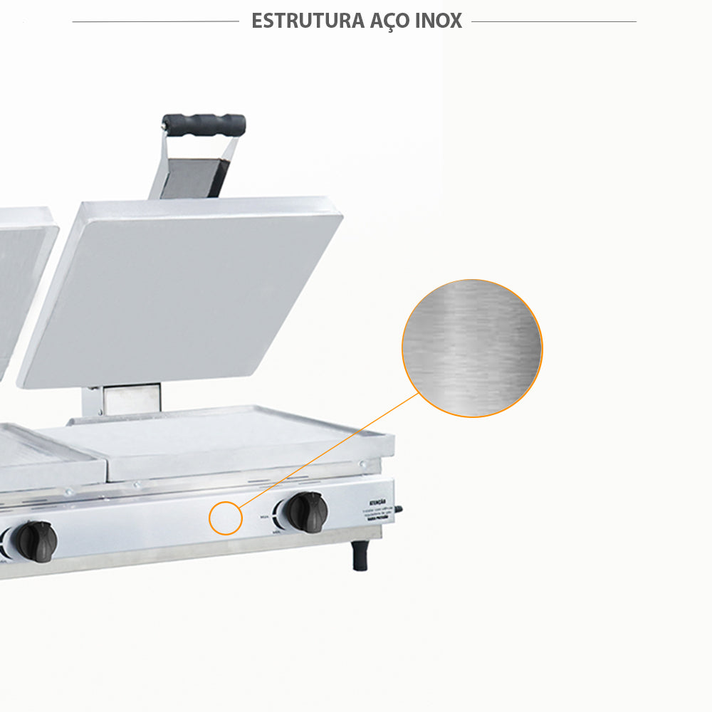 Estrutura em aço inox da sanduicheira conjugada Venâncio SCG70A2p a gás, durabilidade e fácil limpeza para uso comercial intenso
