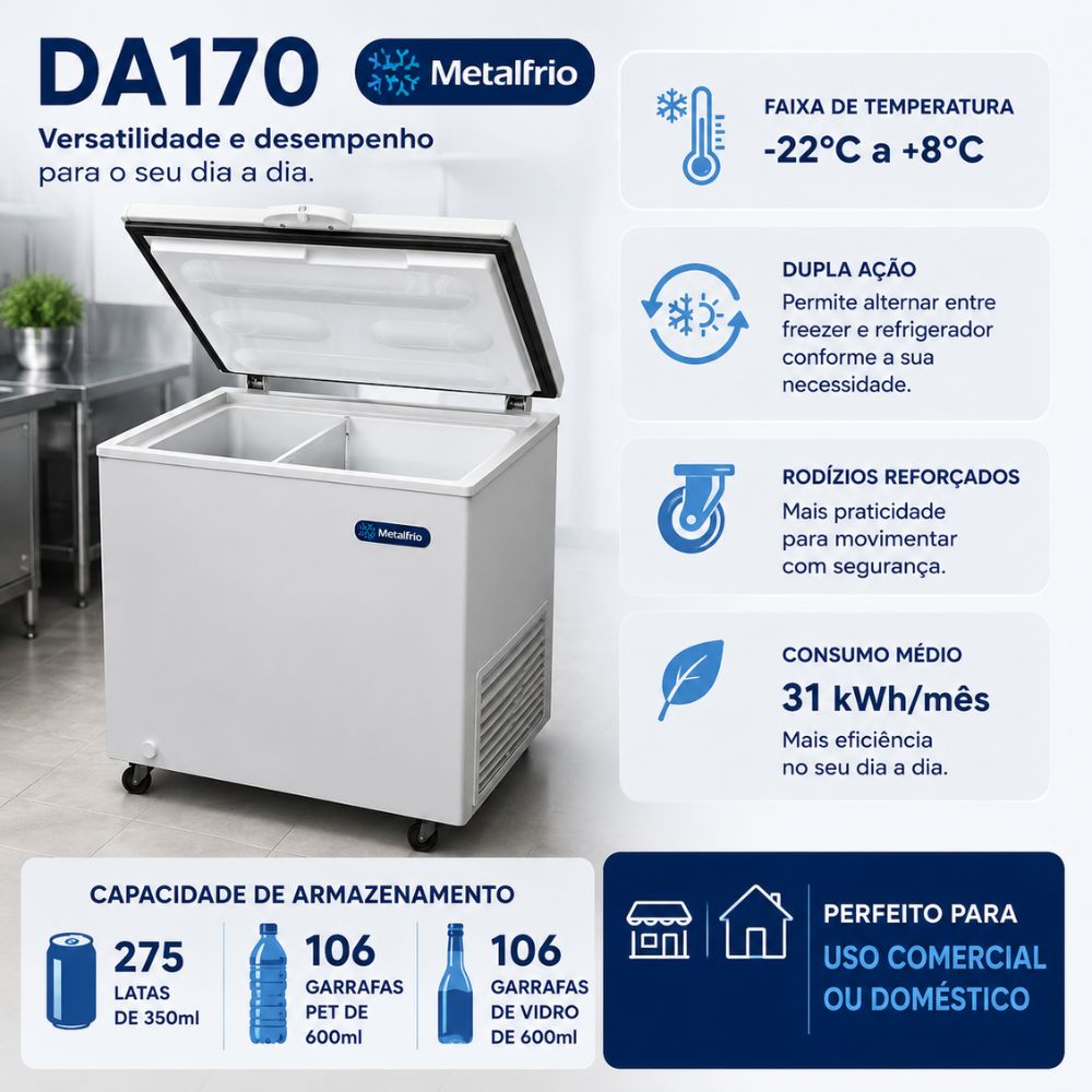 SEMINOVO - Freezer Refrigerador Congelador Horizontal Dupla Ação 166L DA170 127V - Metalfrio
