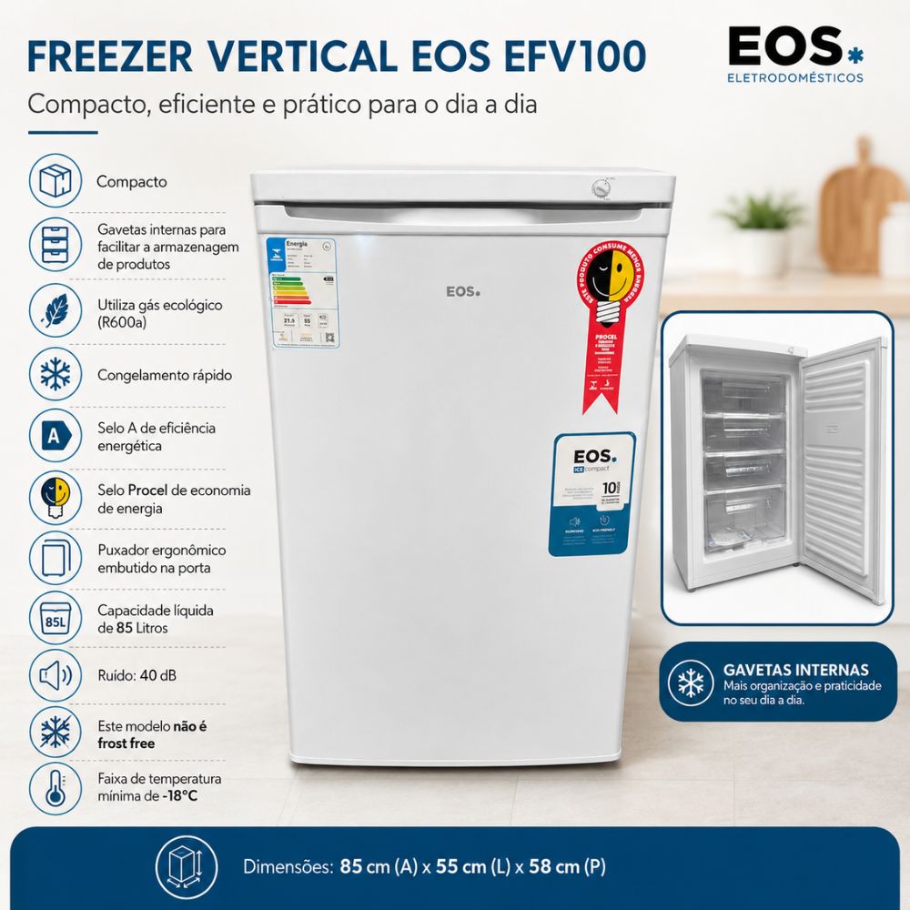 SEMINOVO - Freezer Vertical Eco Gelo Compacto -18 ºc 85L EFV100 127V - Eos