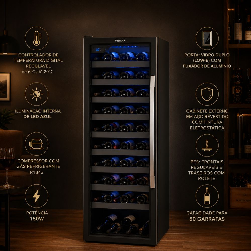 SEMINOVO - Adega Piubella 200 Para 50 Garrafas Preto Porta Invertida 127V - Venax