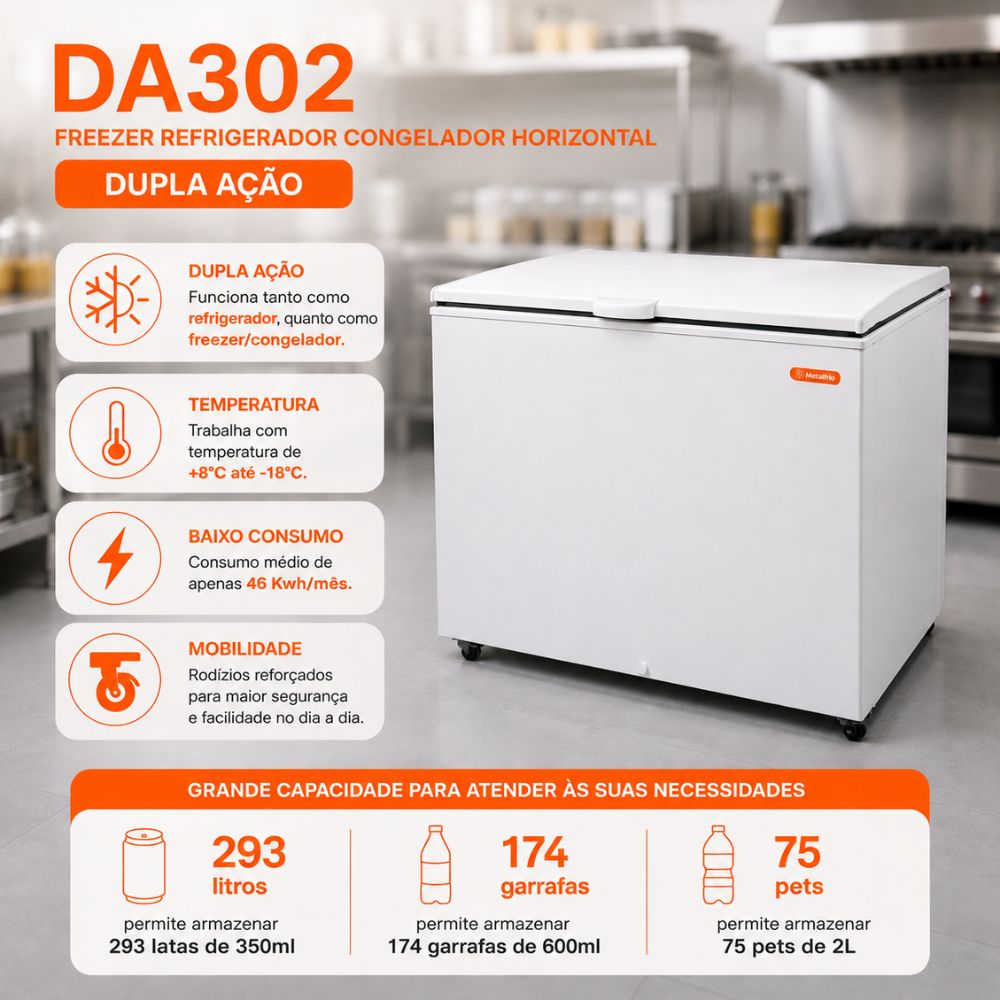 SEMINOVO - Freezer Refrigerador 127V Congelador Horizontal Dupla Ação 293l DA302 Metalfrio
