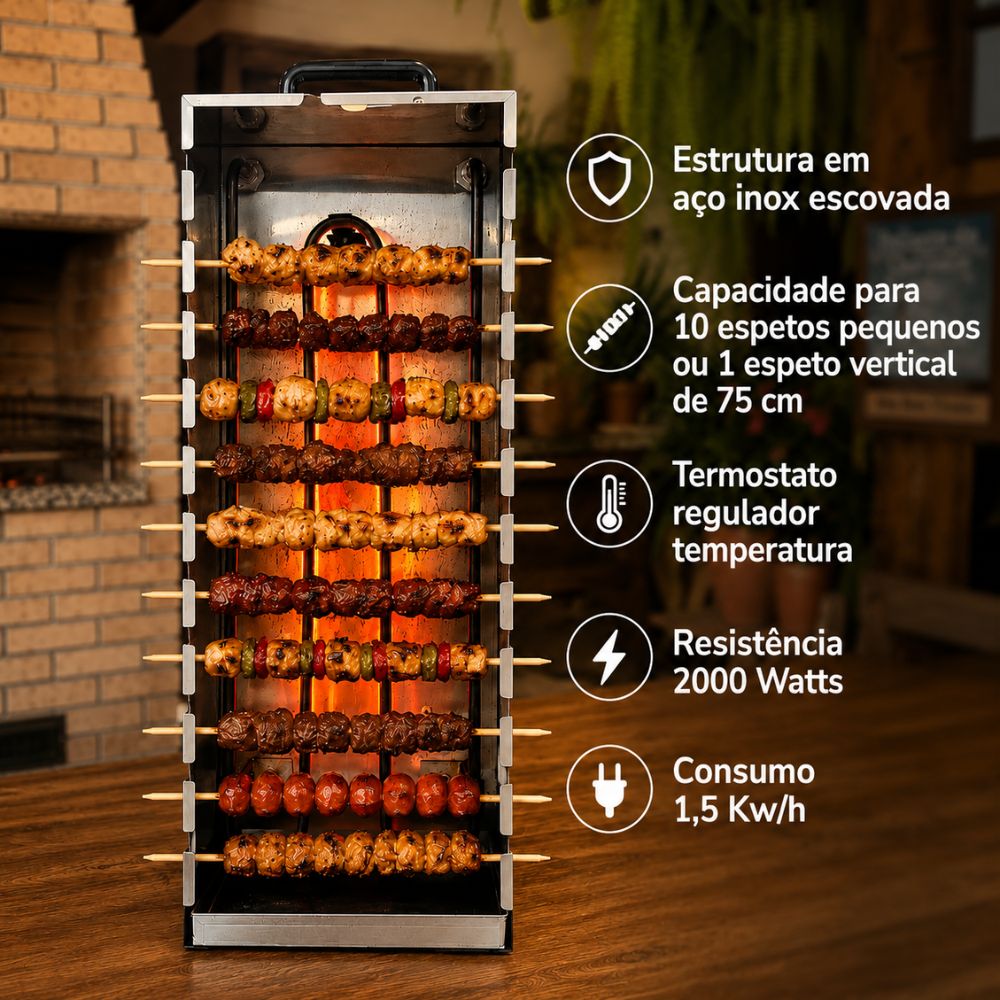 SEMINOVO - Assador Churrasquito 10 Espetinhos Doméstico Comercial  Aço Inox Elétr. PR-199E - Progás 220V