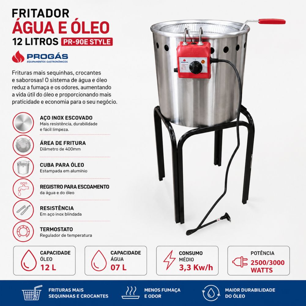 SEMINOVO - Fritador Profissional Água e Óleo 12 litros 3500W PR-90E - Progás 220V