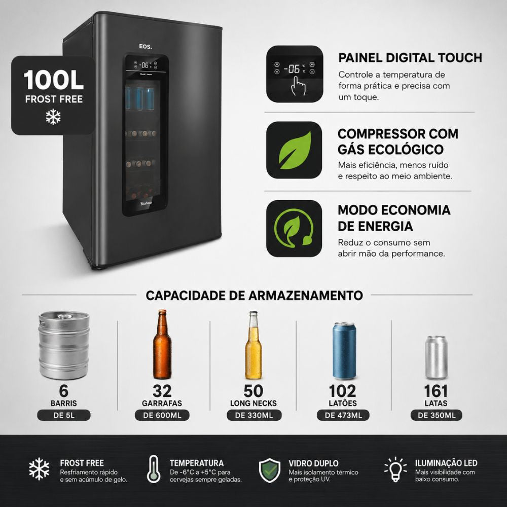 SEMINOVO - Visa Cooler Cervejeira Doméstica Porta Inox Frost Free -6 a 5 ºC 100L ECE110 Bierhaus 127V - EOS