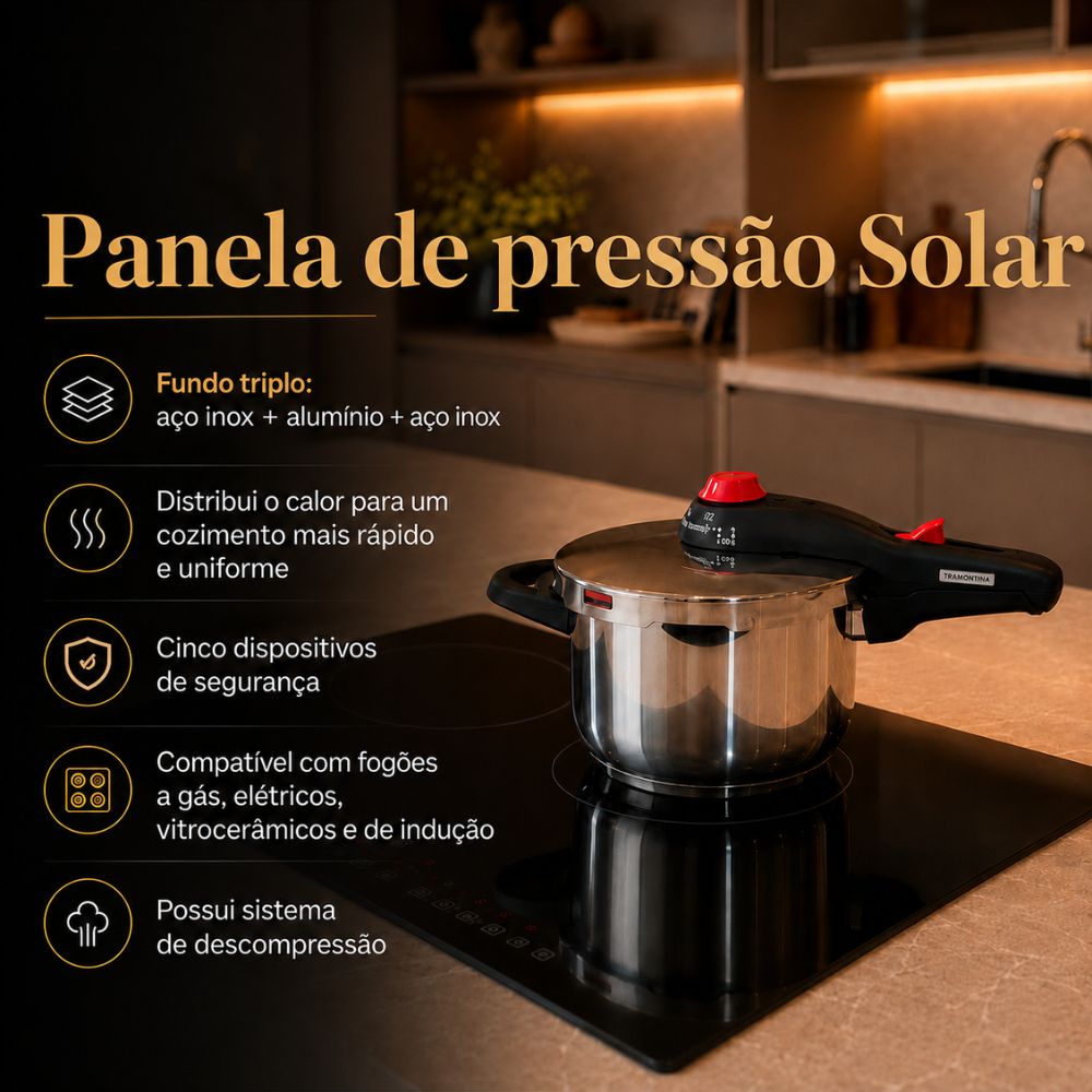 SEMINOVO - Panela de Pressão Solar Inox Fundo Triplo 5 Dispositivos de Segurança 22 cm 4,5 l - Tramontina 62513223