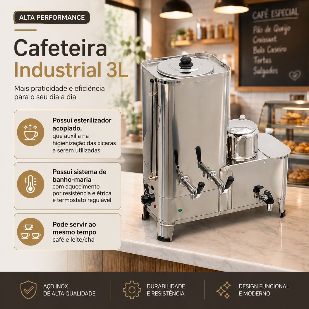SEMINOVO - Cafeteira Industrial Elétrica Com Bule, Depósito 3L e Esterilizador MC13 127V - Universal