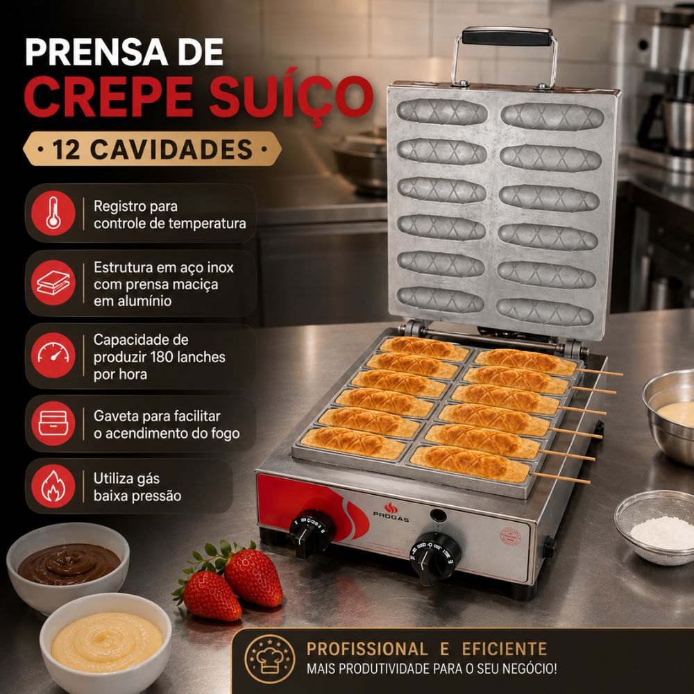SEMINOVO - Prensa de Crepe Suíço a Gás 12 Cavidades PRK-120G - Progás