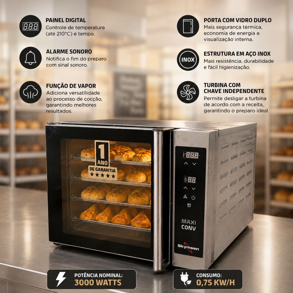 SEMINOVO - Forno Turbo Eletrico Compacto Com Vapor 4 Assadeiras Maxiconv VP 220V Mono - Skymsen