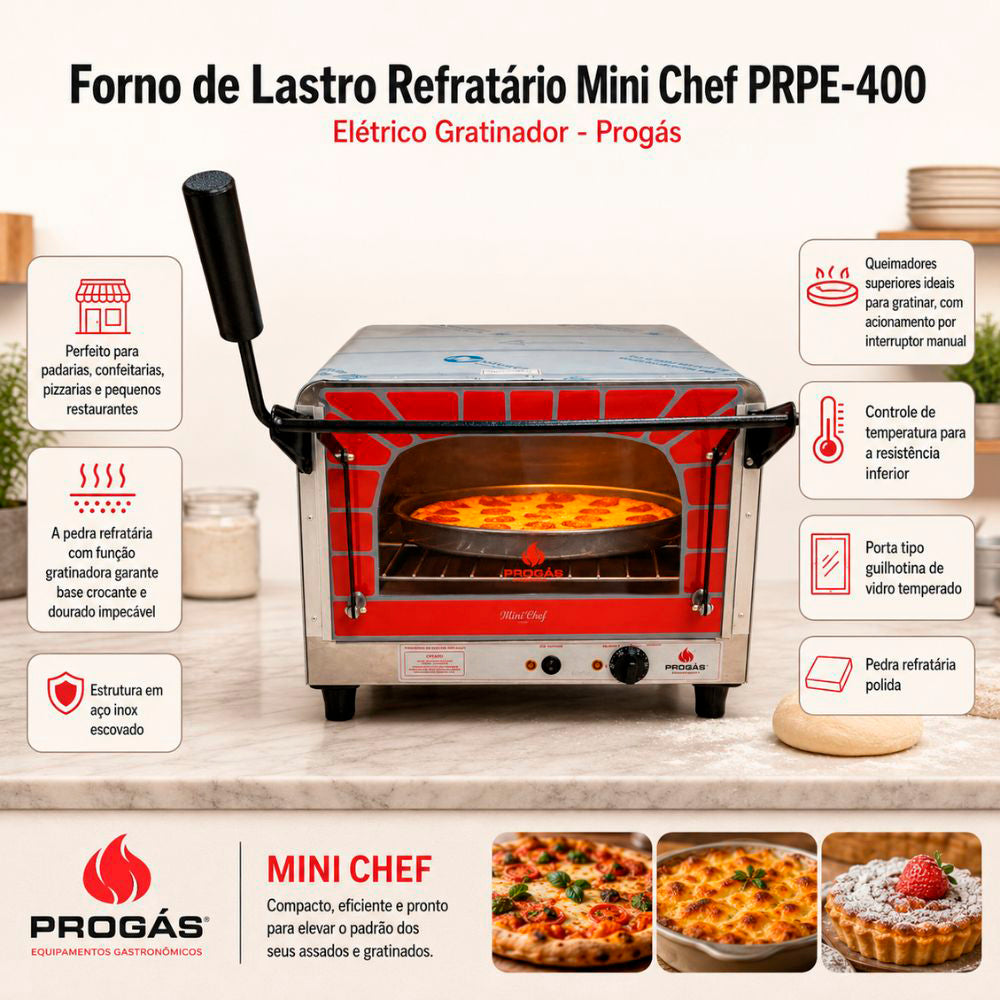 SEMINOVO - Forno Lastro Refratário Mini Chef Prpe-400 Elétrico Gratinador Progas 127V