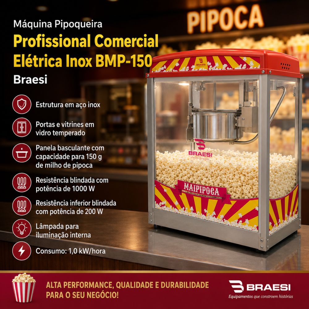 Semi - Máquina Pipoqueira Profissional Comercial Elétrica Inox BMP-150 220v - Braesi