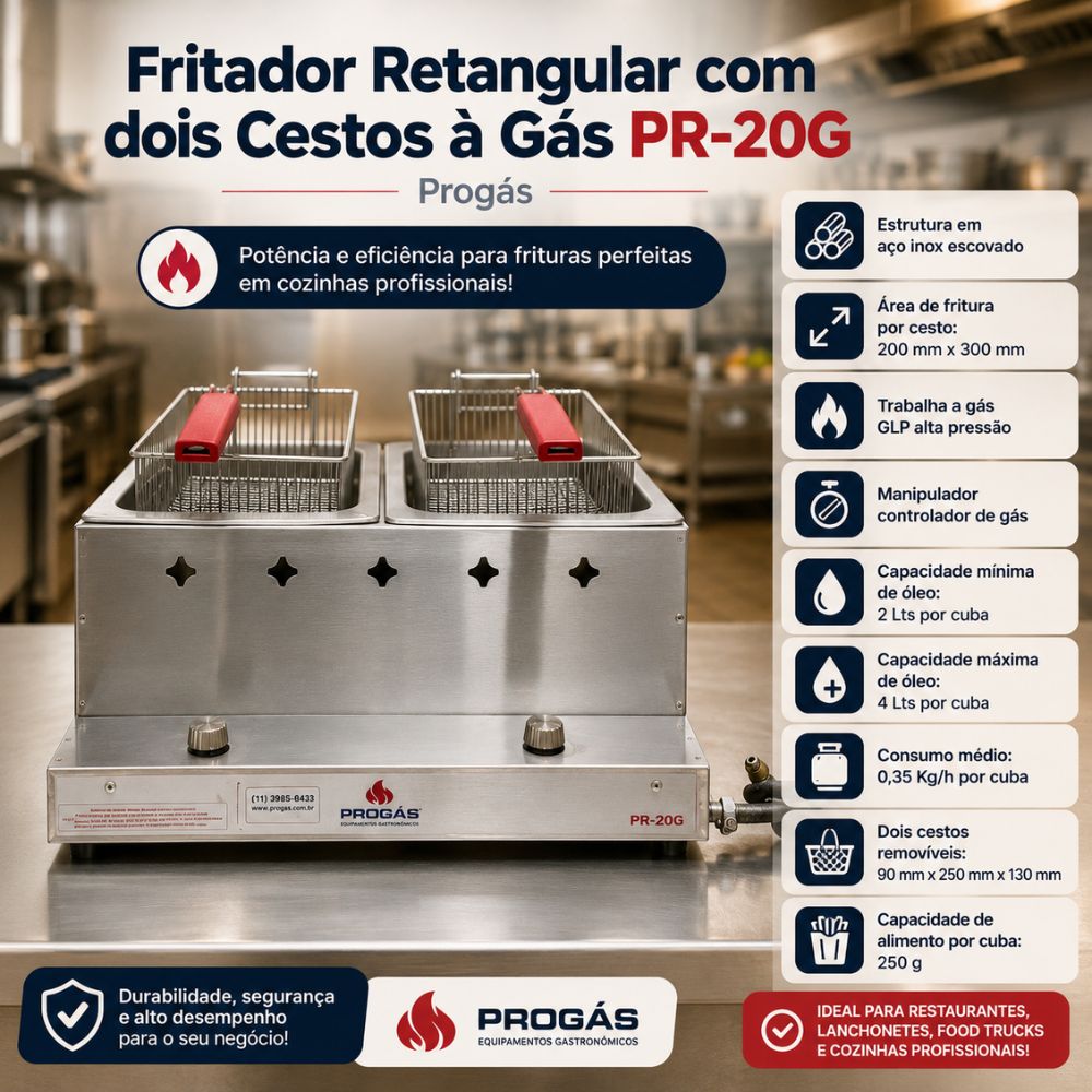 SEMINOVO - Fritador Retangular 2 Cestos Gás PR-20G - Progás
