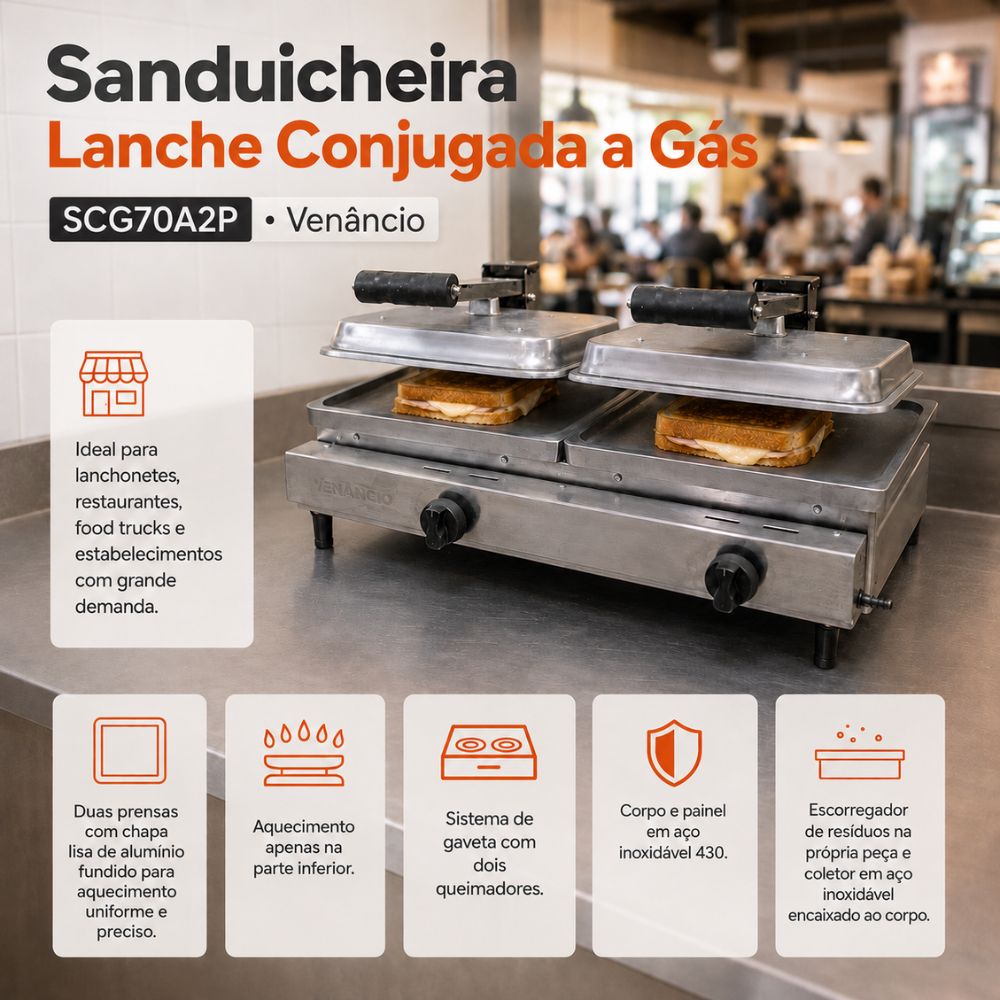 SEMINOVO - Sanduicheira Lanche Conjugada Gás 2 Prensa Chapa Lisa Alumínio SCG70A2P - Venâncio