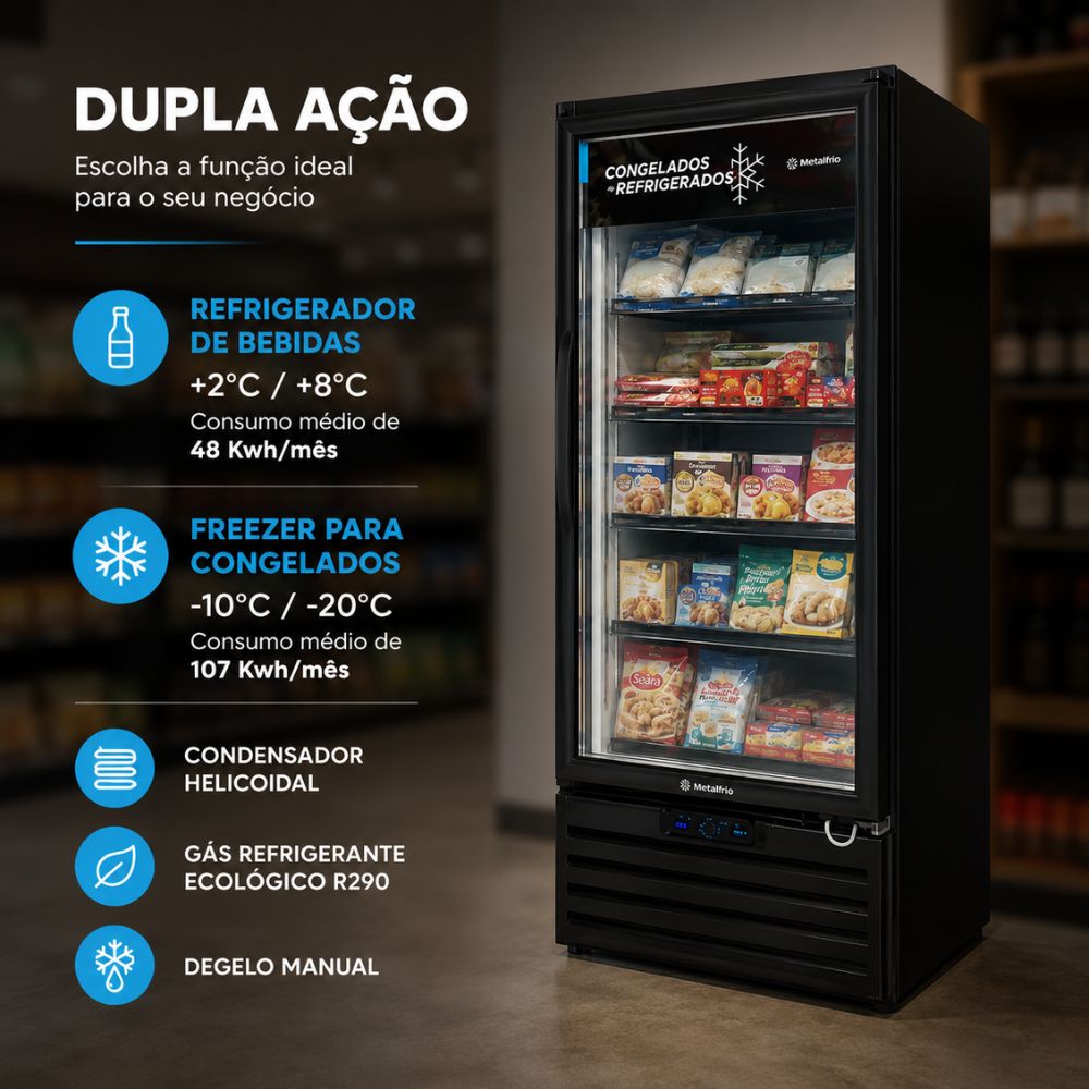 SEMINOVO - Freezer Conservador Vertical Dupla Ação Porta de Vidro 512 Litros Vf55AH All Black 127v - Metalfrio