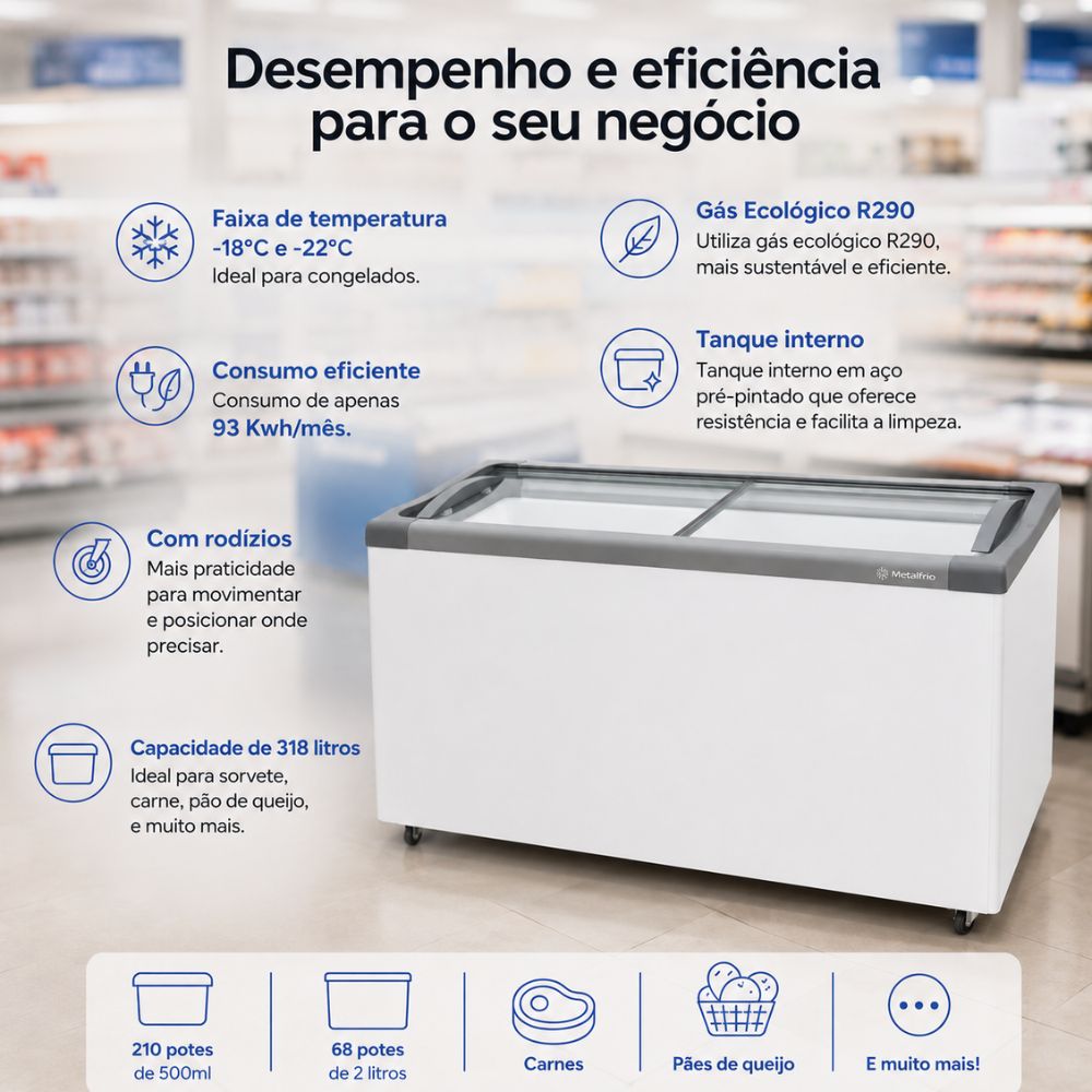 SEMINOVO - Freezer Horizontal Tampa de Vidro Congelados 318 Litros NF40 - Metalfrio 127V