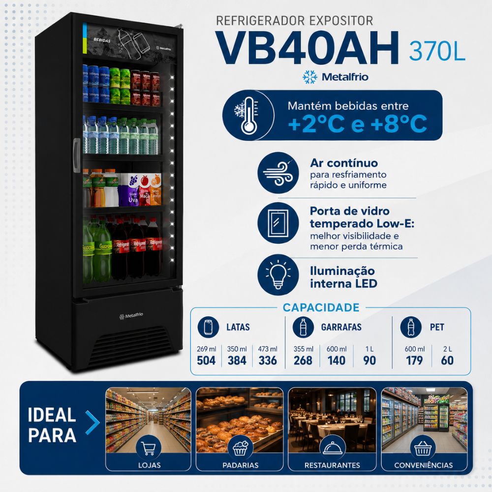 SEMINOVO - Visa Cooler Refrigerador Expositor de Bebidas Vertical 2 a 8ºc 370l Vb40al 220v All Black - Metalfrio