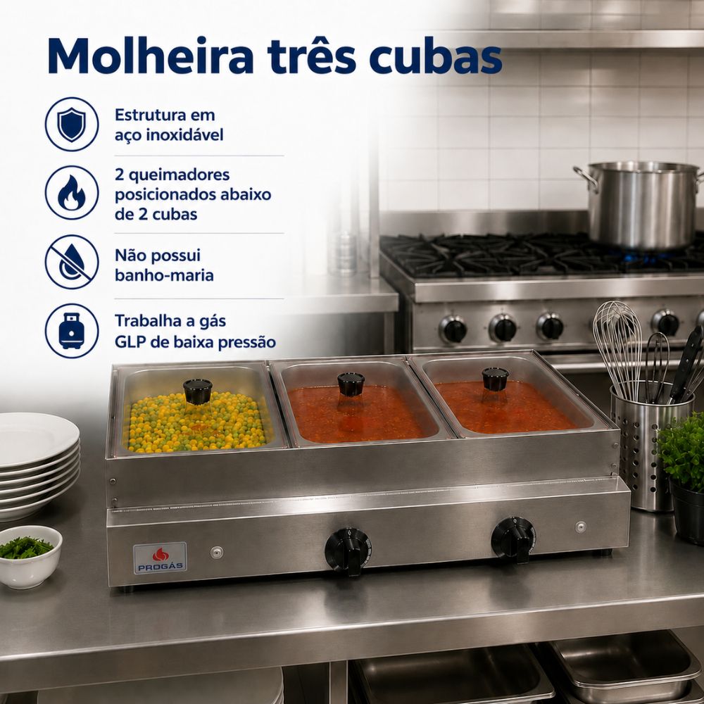 SEMINOVO - Molheira 3 Cubas (Duas Quentes) Tampa de Vidro a Gás PR-03G - Progás