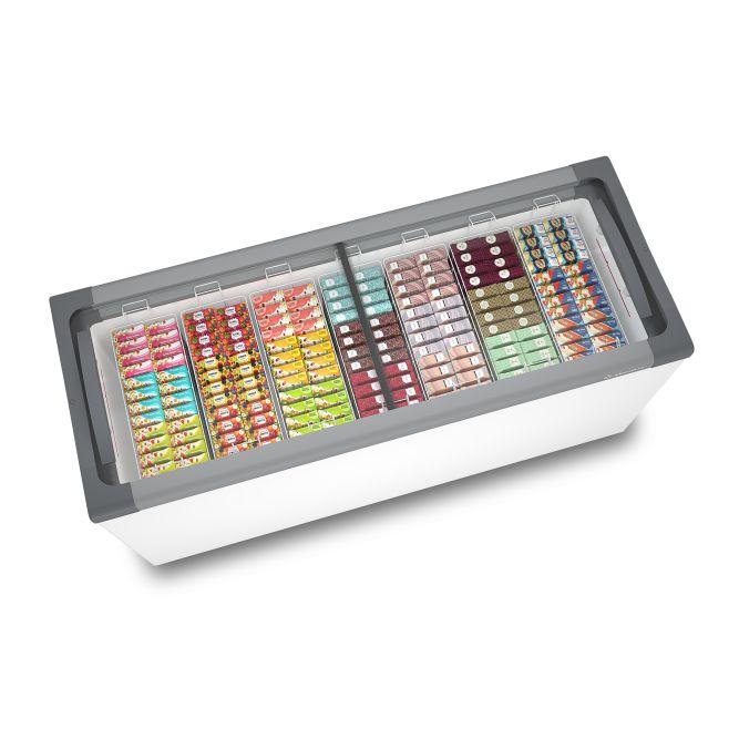 Expositor freezer horizontal NF55 Metalfrio com tampa de vidro para fácil visualização dos produtos