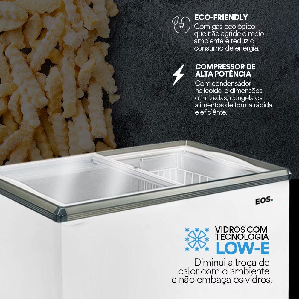 Expositor refrigerado horizontal EOS com tampa de vidro e iluminação LED.