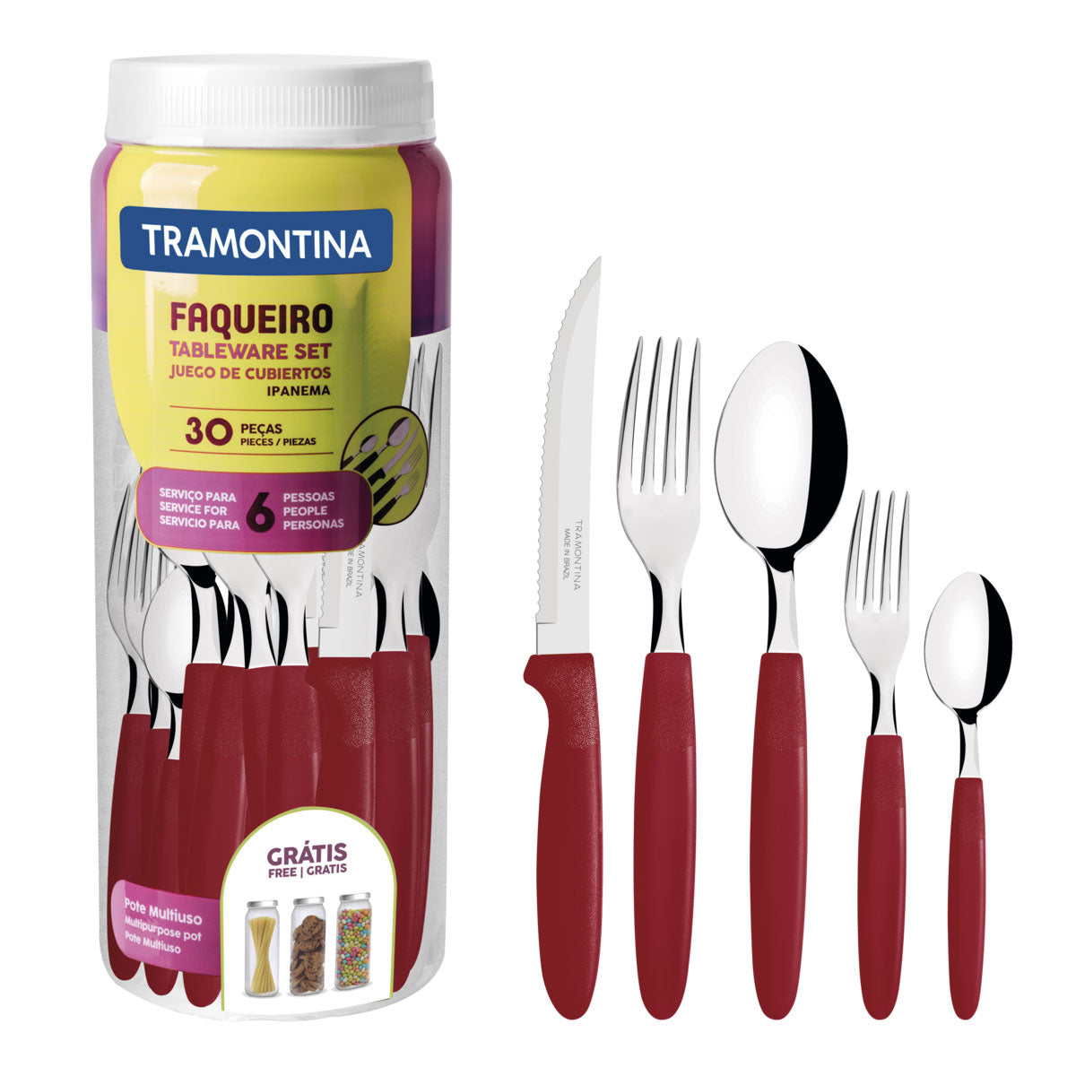 Kit - Panela Wok 36 Cm Vermelho + 1 Faqueiro Vermelho 30pç + 1 Faqueiro Inox 24pç - Tramontina