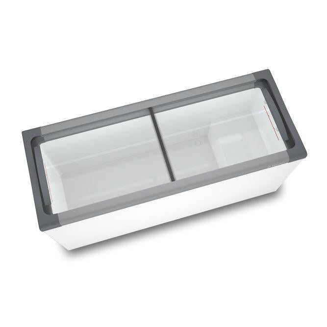 Freezer comercial NF55 Metalfrio 405 litros com design resistente e tampa de vidro transparente