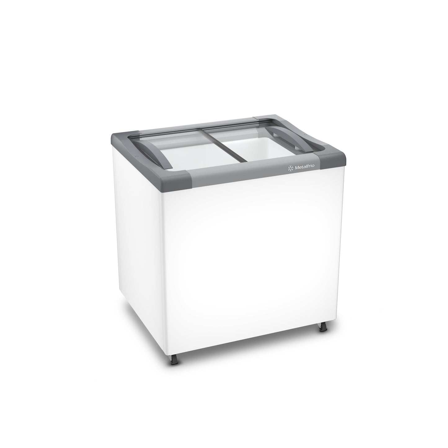Freezer Horizontal Metalfrio NF20 em um ambiente comercial, destacando seu design robusto e acesso prático.