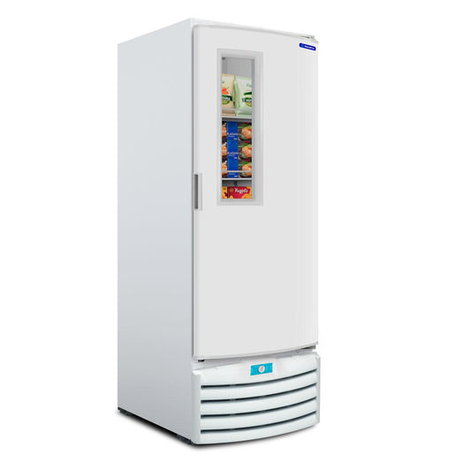 Freezer Conservador Tripla Ação Metalfrio VF55FT vertical com porta de vidro e visor transparente.