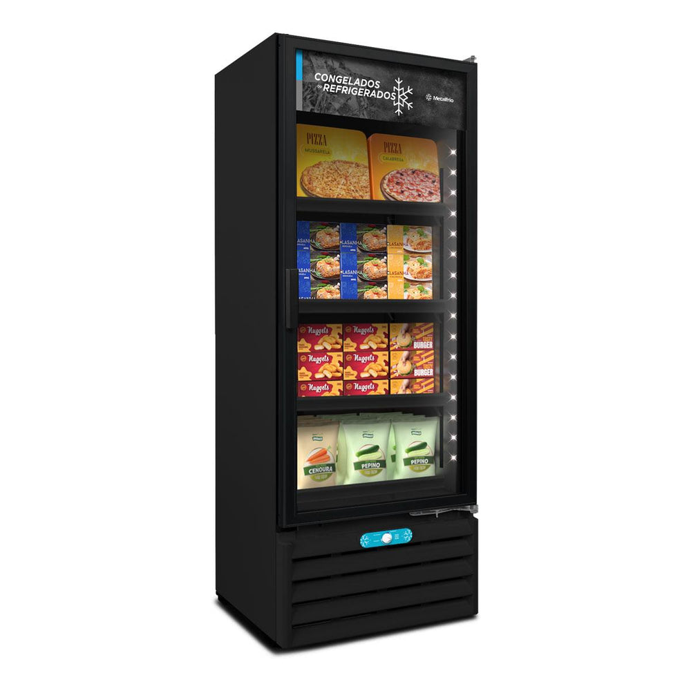 Freezer conservador vertical 220V com dupla ação e porta de vidro para exposição de alimentos.