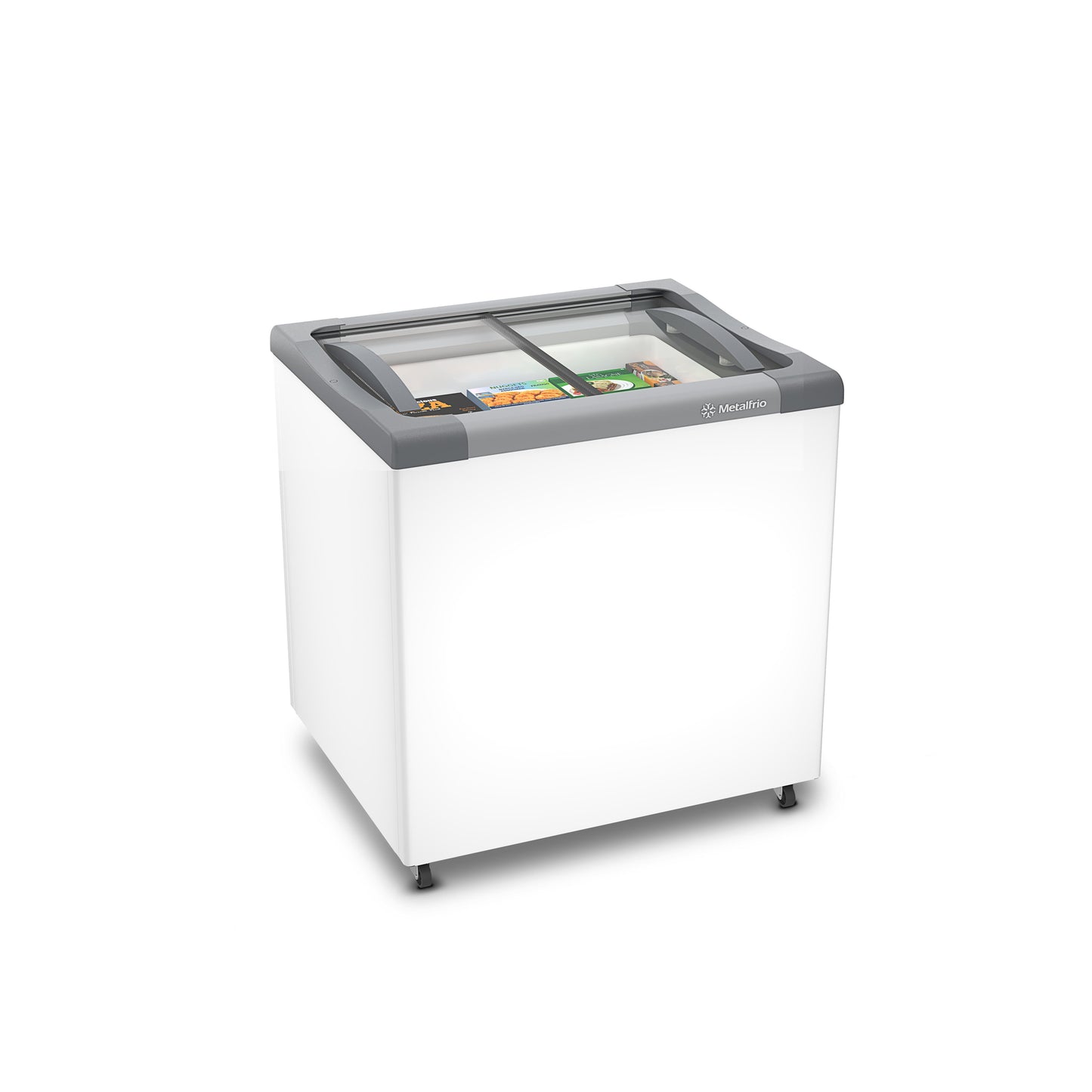 Freezer Horizontal Metalfrio NF20 com tampa de vidro transparente, ideal para exposição de produtos congelados em lojas.