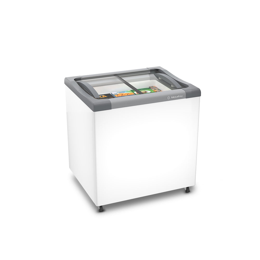 Freezer Horizontal Metalfrio NF20 com tampa de vidro transparente, ideal para exposição de produtos congelados em lojas.