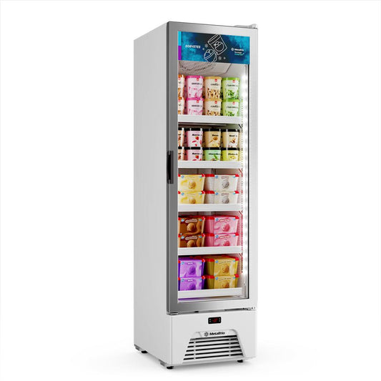 Freezer vertical para sorvetes Frost Free VF28 Optima branco disponível na Salvador Comercial.
