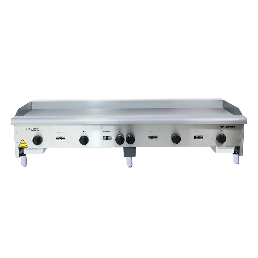 Painel frontal da chapa bifeteira a gás Venâncio CG150 inox, mostrando botões de controle para regulagem precisa de temperatura