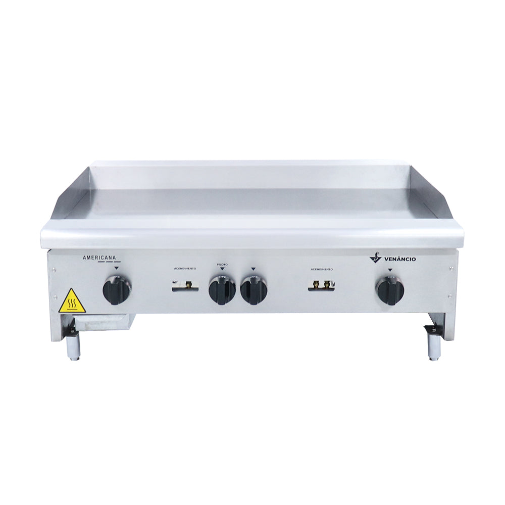 Painel frontal da chapa bifeteira a gás Venâncio CG90 inox, mostrando botões de controle para regulagem precisa de temperatura