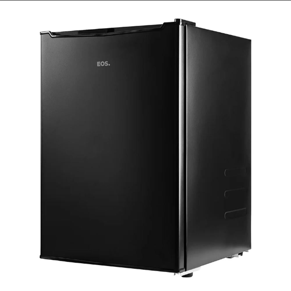 Frigobar Mini Refrigerador EOS Ice Compact 71L preto 127V visto de lado, destacando seu perfil compacto e elegante para espaços limitados.