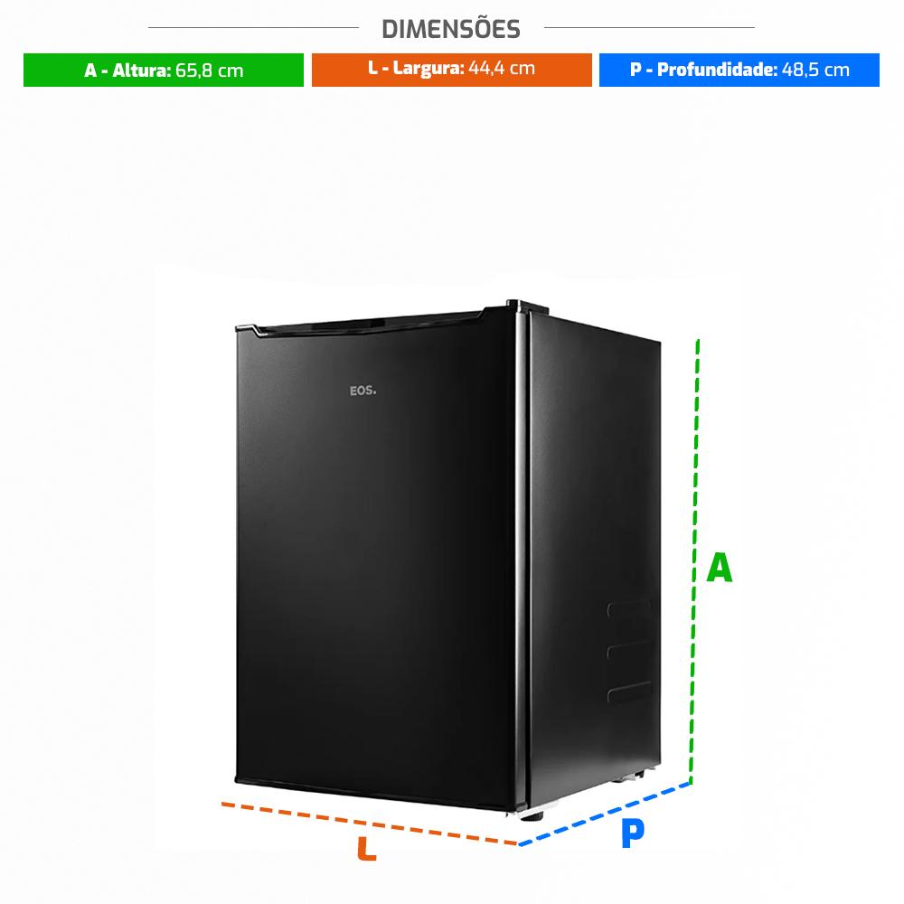 Dimensões exatas (AxLxP) do Frigobar EOS Ice Compact 71L EFB81P preto, ideal para planejamento de espaço.