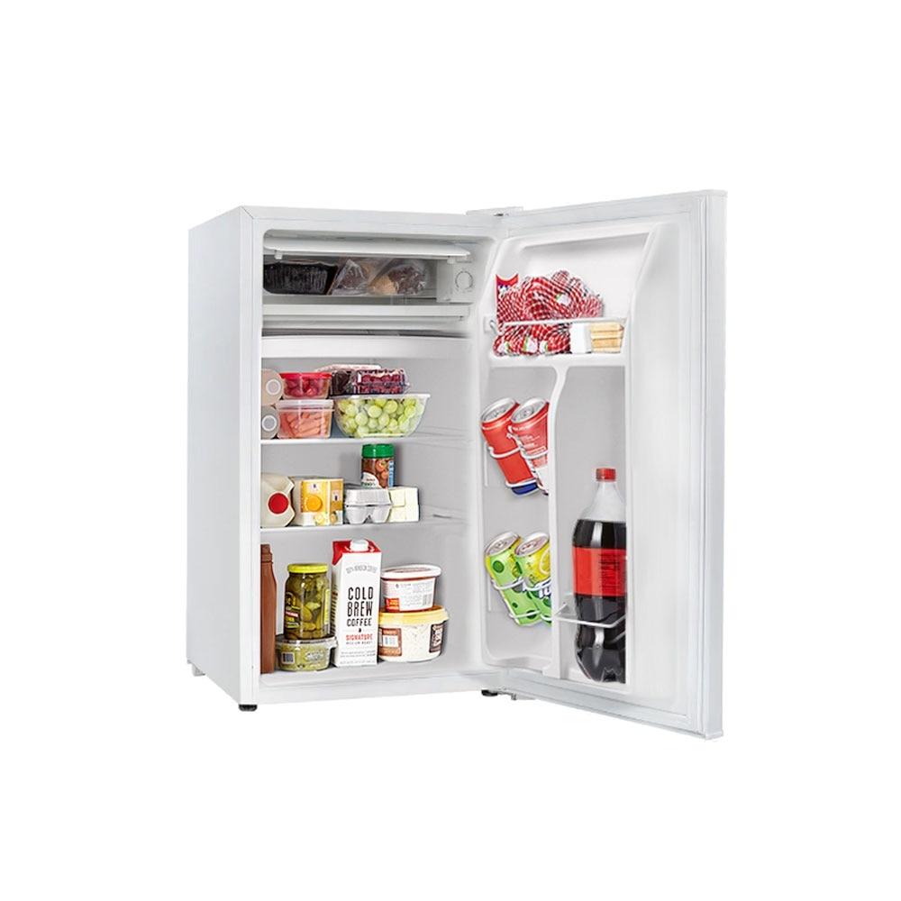 Interior do Frigobar EOS Ice Compact 93L aberto, mostrando compartimento gela rápido, espaço para garrafa 2L, duas prateleiras ajustáveis e gaveta multiuso para frutas e verduras.