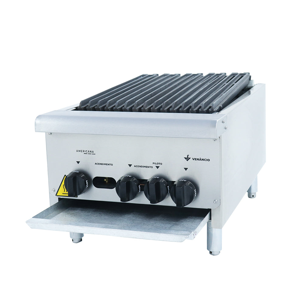 Detalhe da gaveta coletora de gordura da chapa charbroiler Venâncio CGG45, para fácil limpeza e manutenção