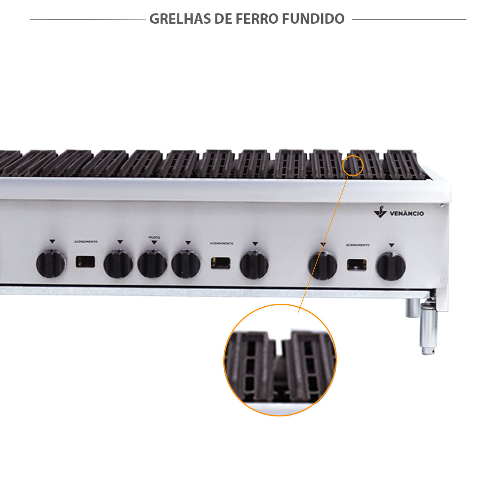 Grelhas em ferro fundido de alta espessura da chapa charbroiler Venâncio CGG120, para preparo de carnes e vegetais grelhados